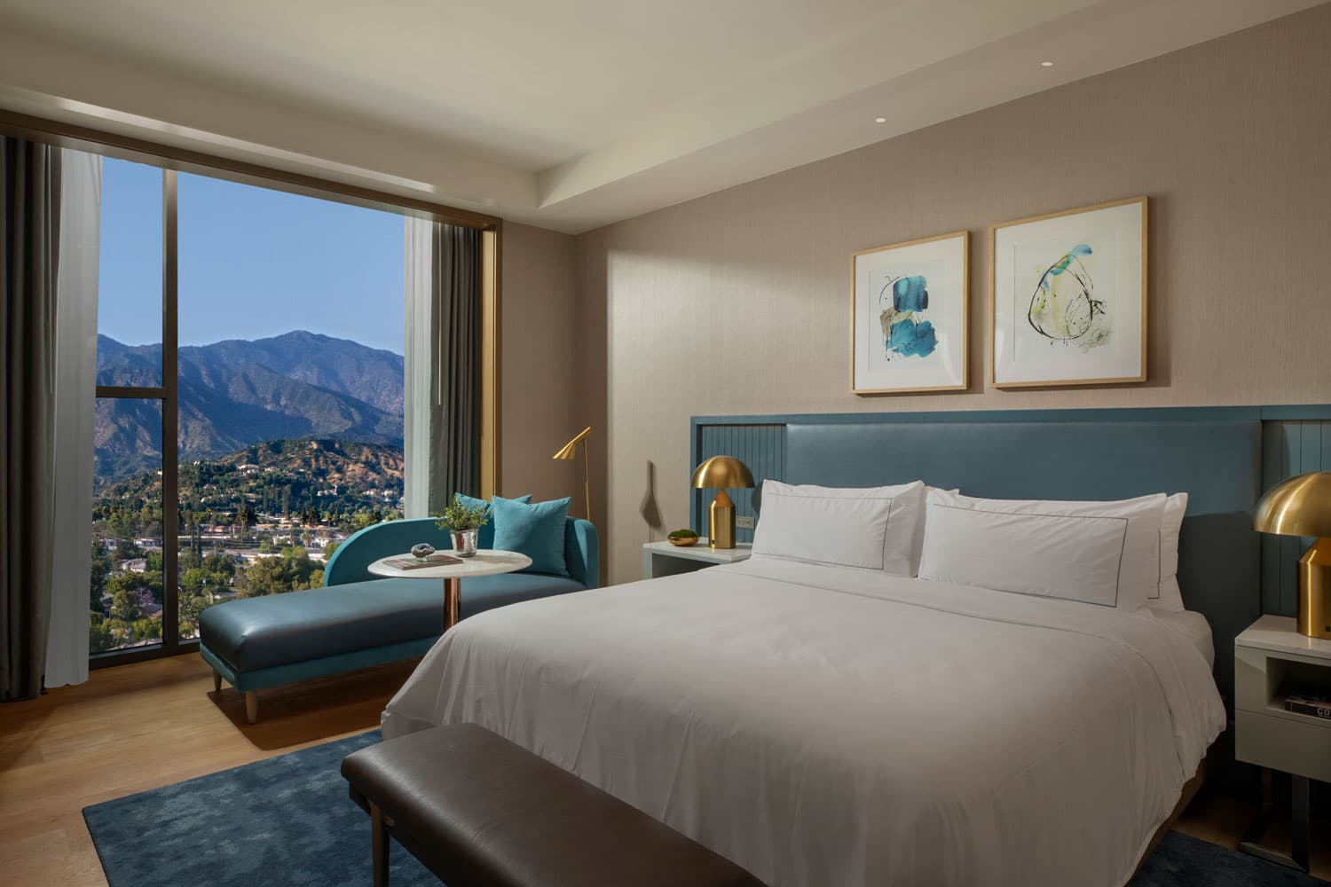 Guest room at Hilton Arcadia Los Angeles with San Gabriel Mountain views
