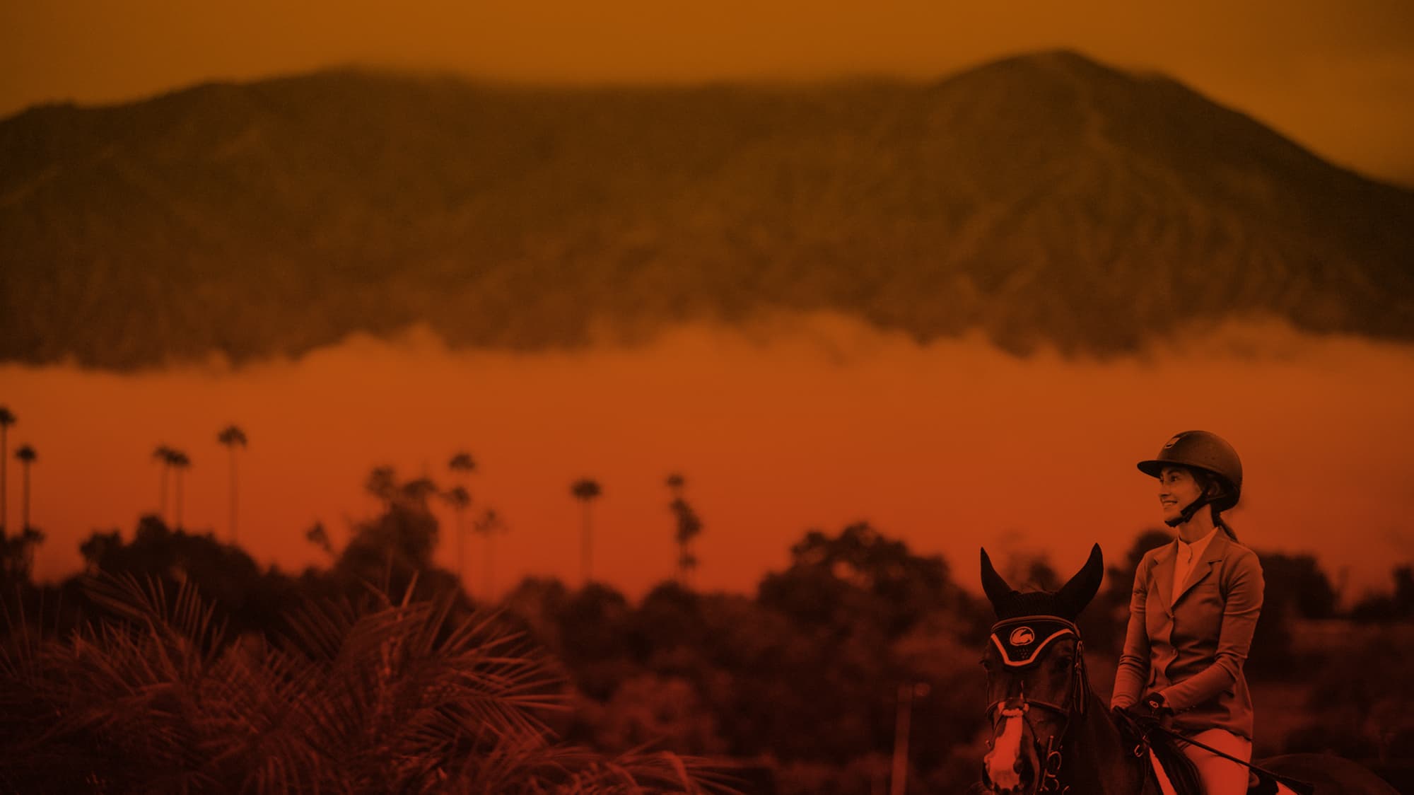 A rider on horseback at Santa Anita with the San Gabriel Mountains behind